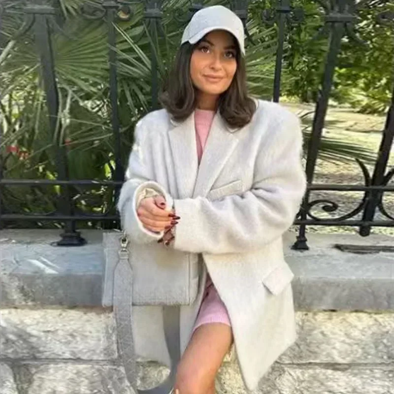 White Mohair Blazer Coat Women Loose Lapel Single-breasted Long Sleeve Thick Warm Jackets 2025 New Office Lady Street Outerwear 7 White Mohair Blazer Coat Women Loose Lapel Single-breasted Long Sleeve Thick Warm Jackets 2025 New Office Lady Street Outerwear