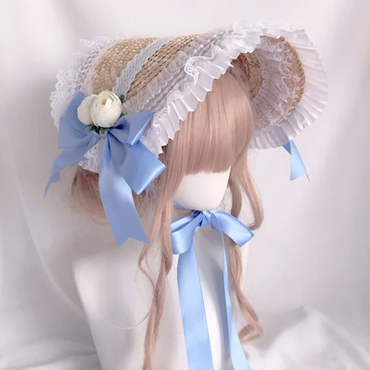 Fashion Pastoral Style Flat Top Cap Lace Flower Ribbon Straw Hat Lolita Hat Bonnet Cap French Hat All-match for Beach Vacation