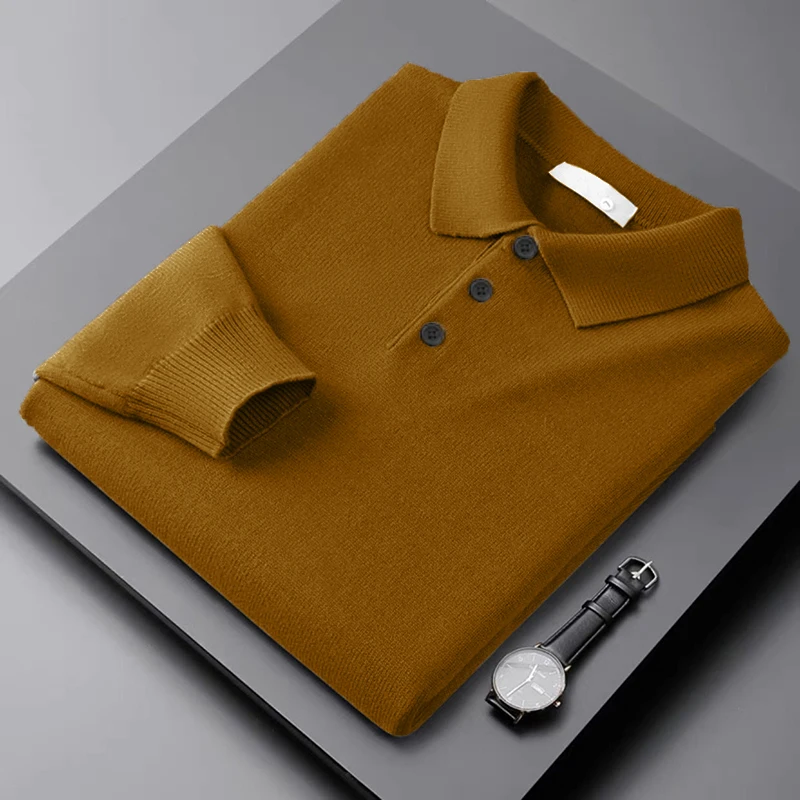 Autumn Mens Long Sleeve Button Knit Pullover Sweater Casual Woolen Polo Sweater Winter Classic Shirts Warm HeavyWeight Outerwear
