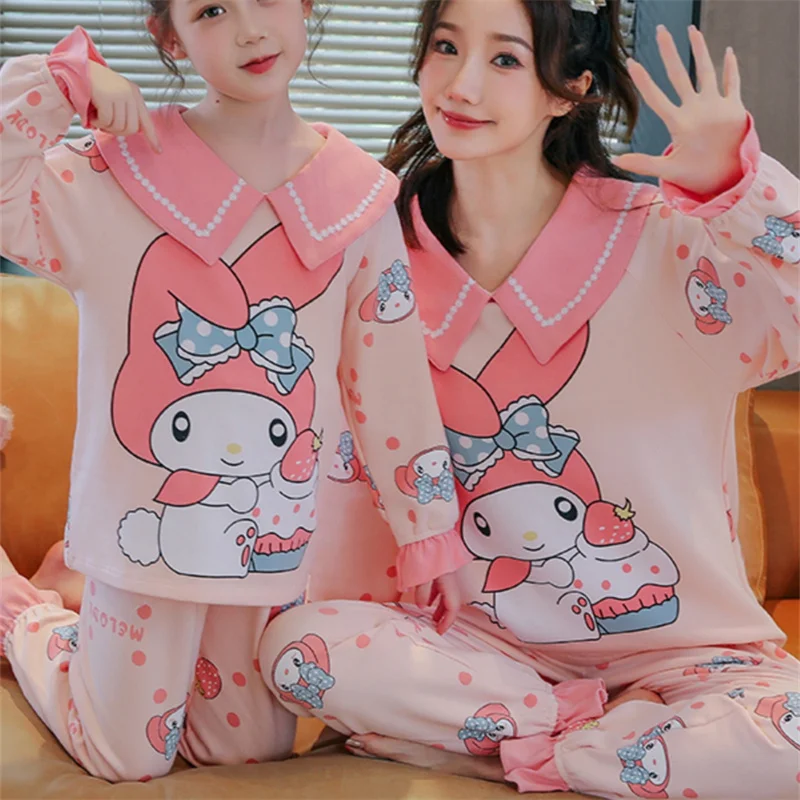 

New Sanrioed Cinnamoroll Children Pajamas Anime Kuromi Cotton Parent-Child Sleepwear Autumn Long Sleeve Boys Girls Home Clothing