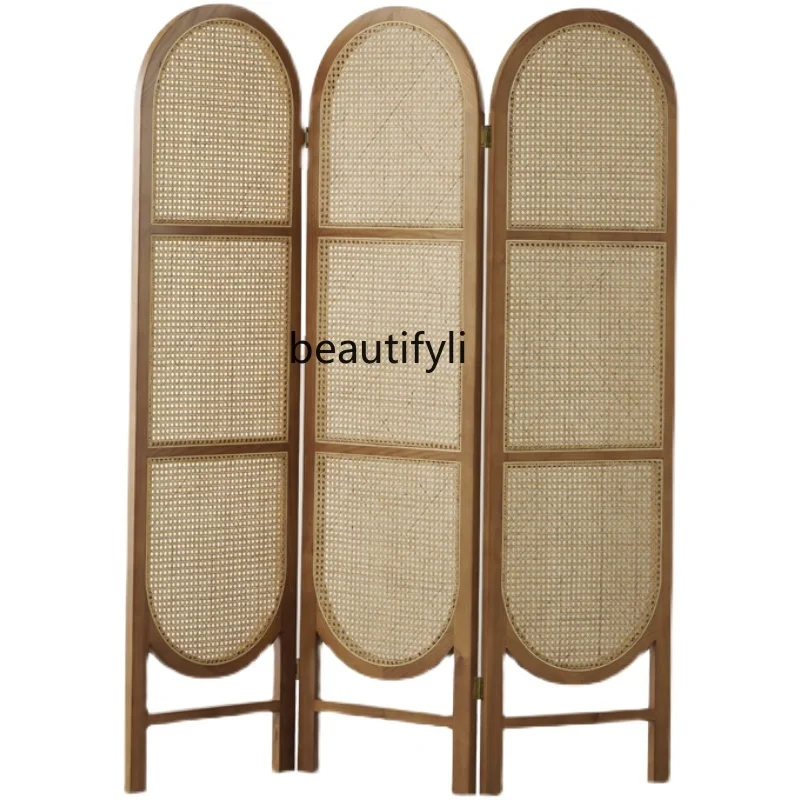 

Japanese-Style Rattan Solid Wood Screen Folding Mobile Hallway Partition Living Room Entrance Bedroom Covering Home Minimalist