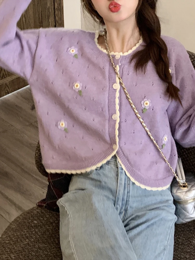 

KIMOKOKM Korea Preppy Style Sweet Girl Crochet Hollowed Out O-Neck Cute Flower Contrasting Colors Cardigan Full Sleeve Knitting