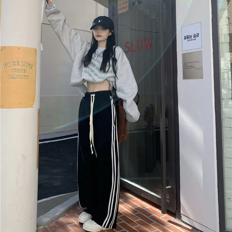 High Street Striped Drawstring Straight Pants Spring Summer High Waist Loose Patchwork Sports Pants Casual Trend Women Clothing