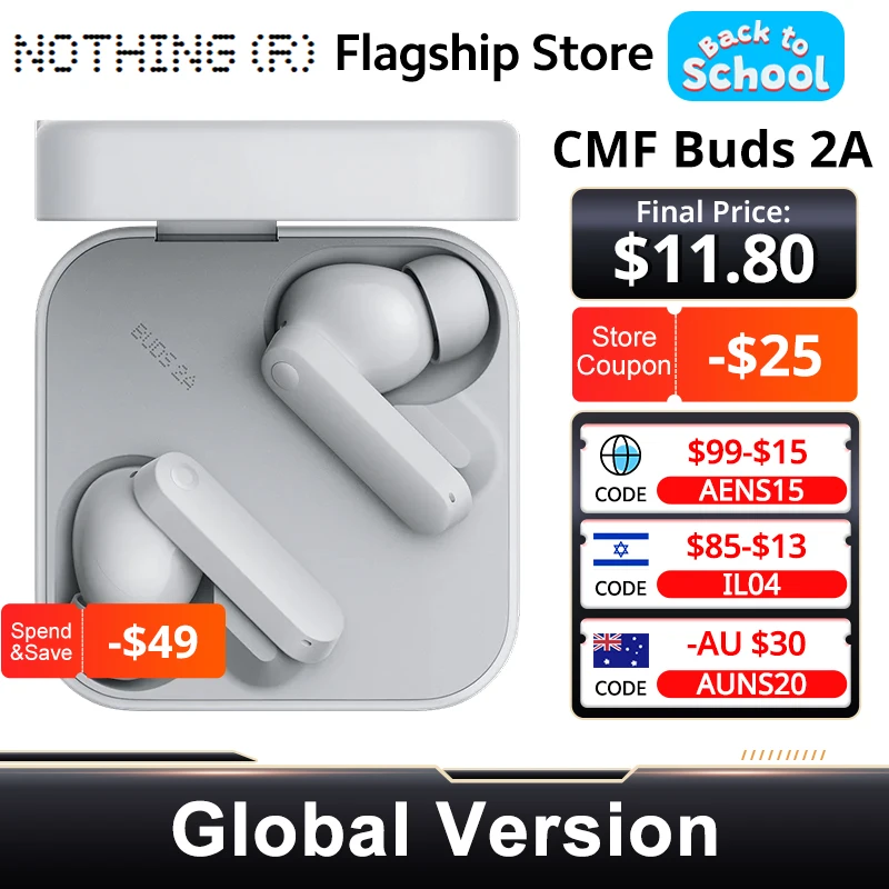 الإصدار العالمي CMF Buds 2a Bluetooth 5.4 ما يصل إلى 31 ساعة من التشغيل 12.4 ملم سائق 42dB ANC 4HD Mics IP54