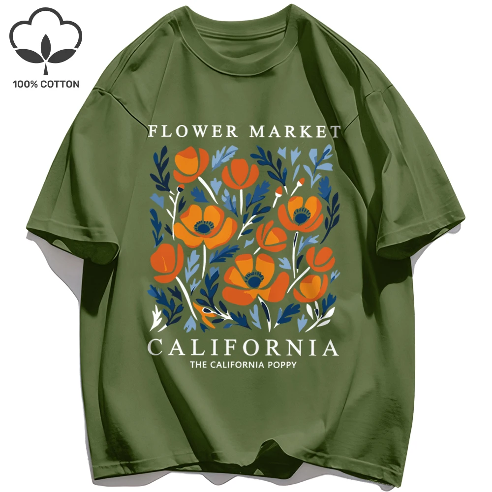 California Yellow Flowers Print Women's Soft Cotton O-Neck Casual Tee
