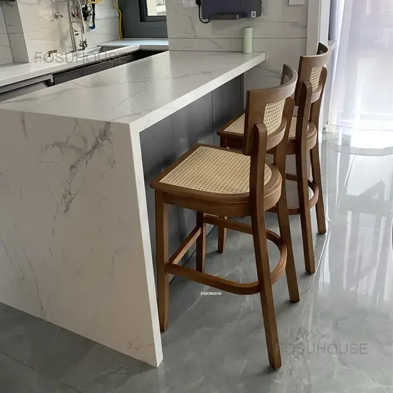 American Solid Wood Bar Chairs Household High Stool Luxury Bar Chair Kitchen Furniture Creative Rattan Back Stools s