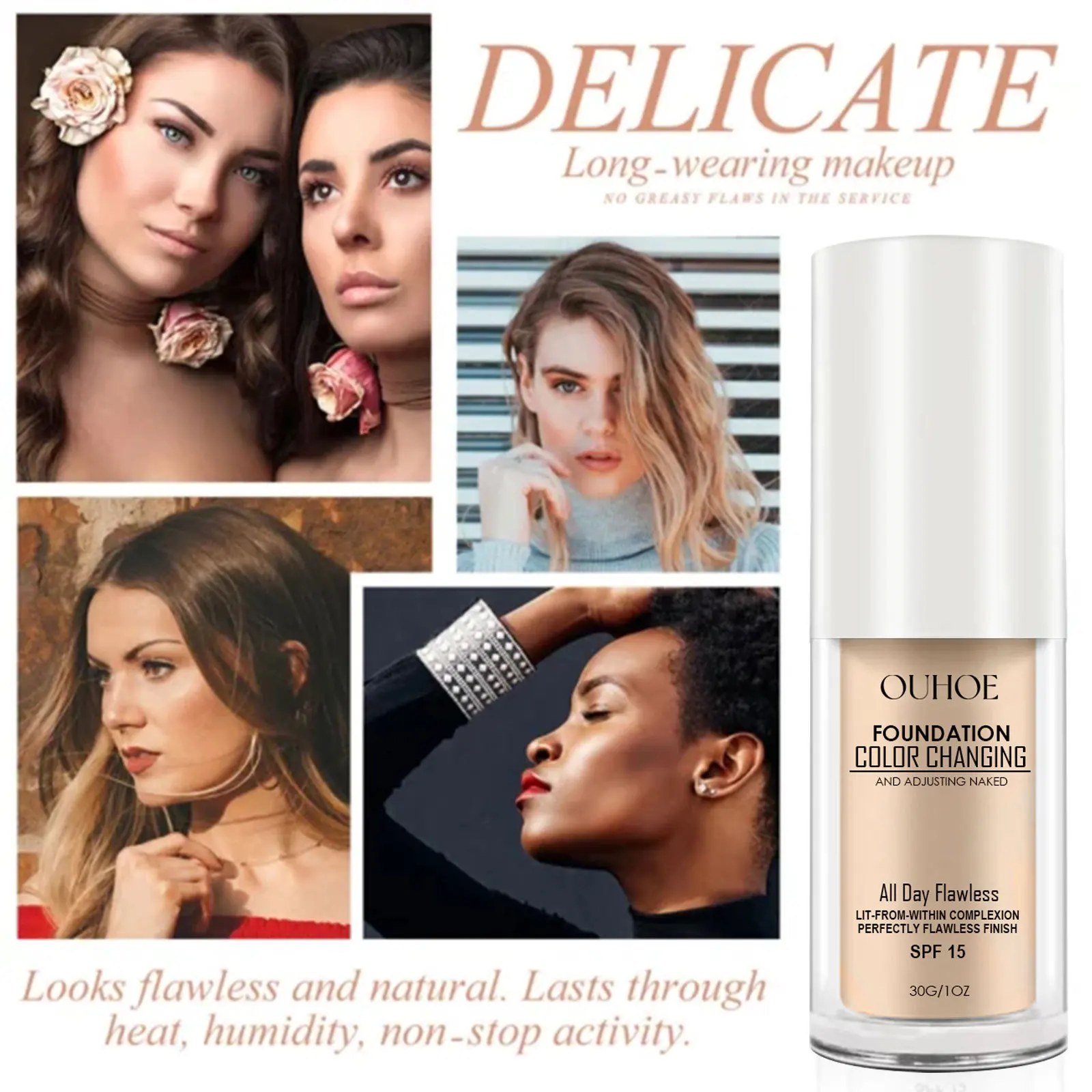 Ouhoe Liquid Foundation Clear Natural Delicate Brightening Skin Color Concealer Base Makeup Sweat-Proof Long Lasting Smear-Proof