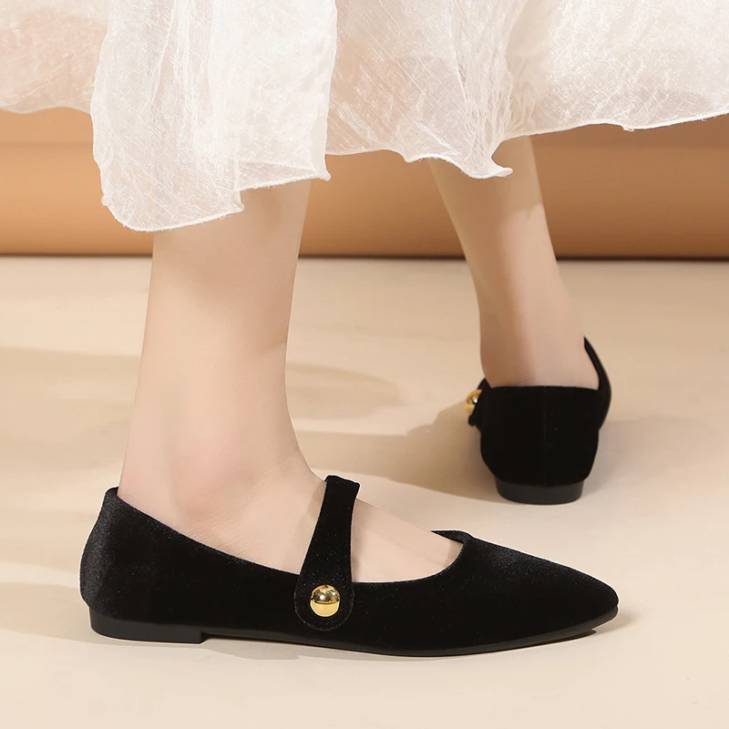 Elegant Velvet Ballet Flats Woman Luxury Velour Mary Jane Shoes Ladies Pointed Toe Buckle Strap Loafers In Purple Green 2