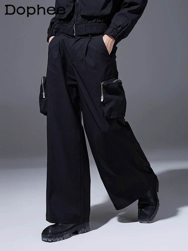 Fashion Men Women 2024 Spring Autumn Pants Zipper Big Pocket Handsome Solid Color Trousers High Street Loose Straight-Leg Pants