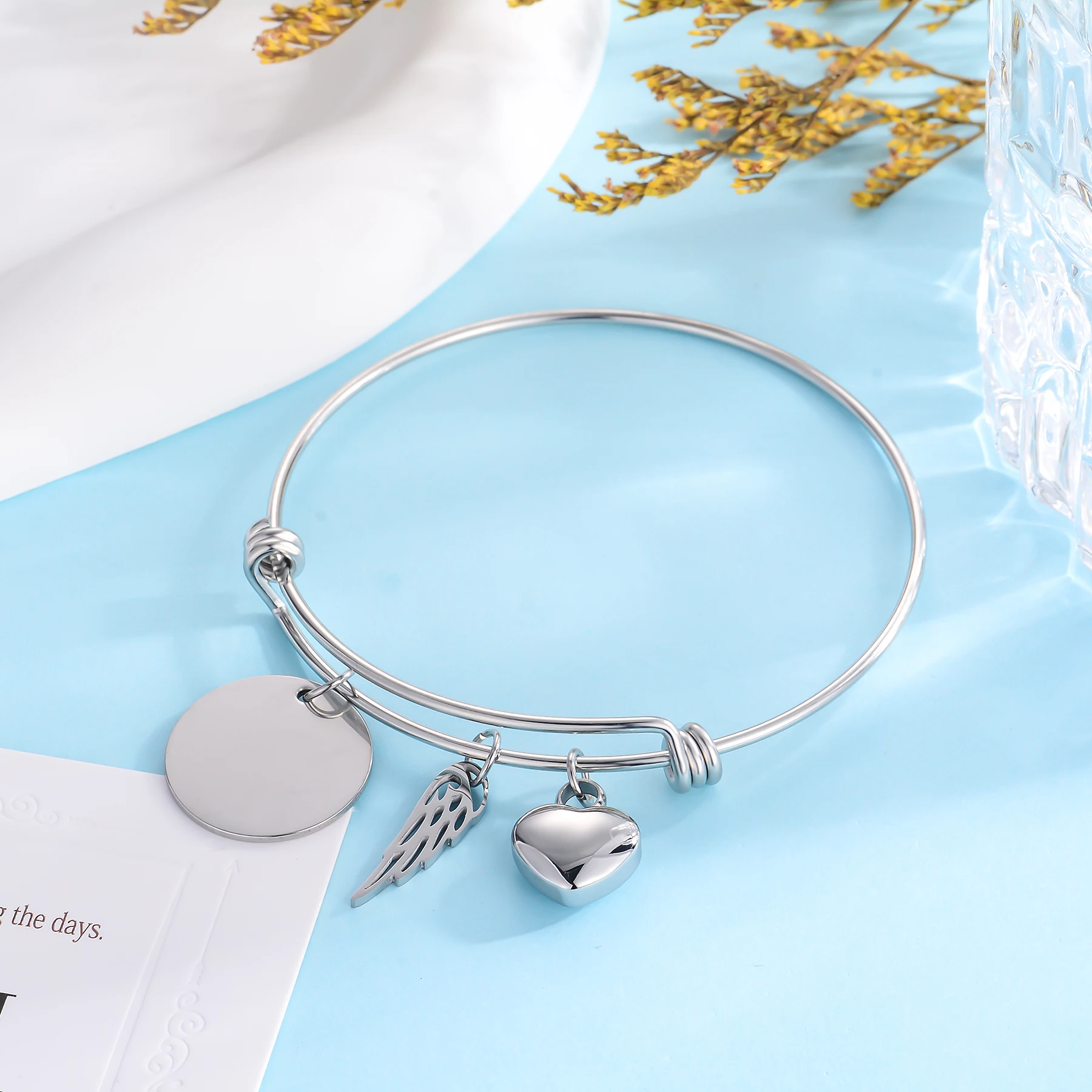 Custom Stainless Steel Mini Heart Ashes Urn Bracelet with Angel Wing Charm Engrave Round Tag Pet Photo Memorial Bangles Jewelry 3