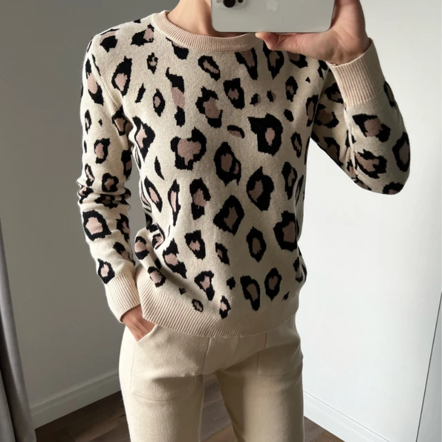 Fashion Retro Women Knitted Suits Leopard Long Sleeve O-neck Sweater   Lace Up Waist Pocket Harem Pants Korean Sets