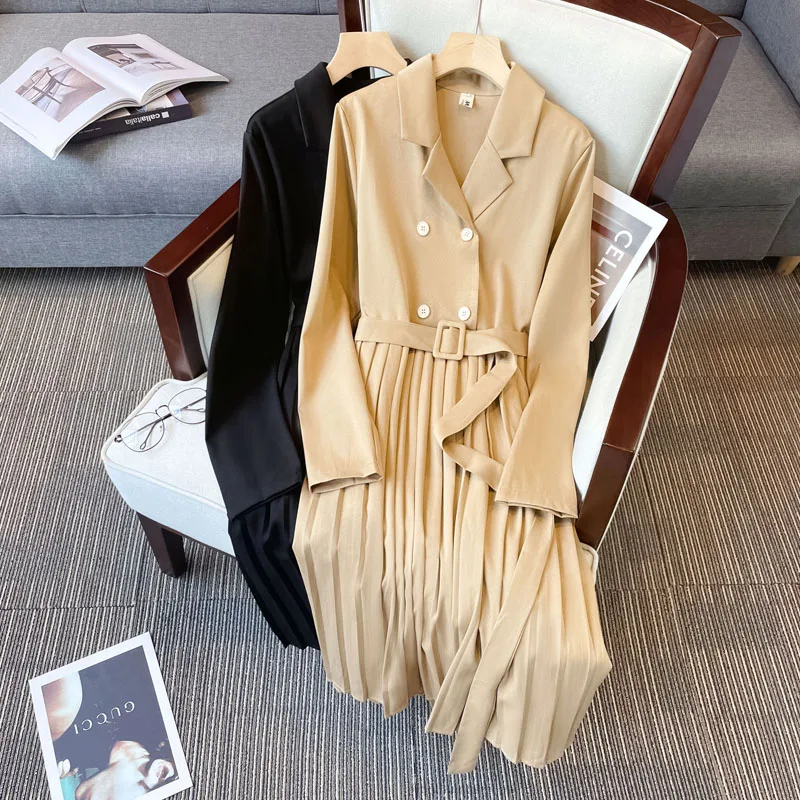 

Элегантные длинные Костюмные платья для женщин 2023, повседневные женские большие размеры 4XL, осенне-зимняя свободная черная, хаки, плиссированная тонкая женская одежда