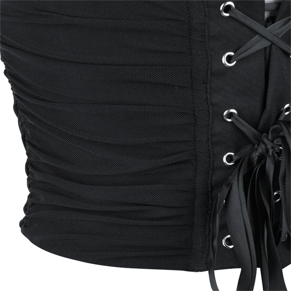 Black Mesh Breathable Slimming Overbust Corset For Women Lingerie Body Shaper Shoulder Straps Lace-up Bustiers Sexy Crop Tops