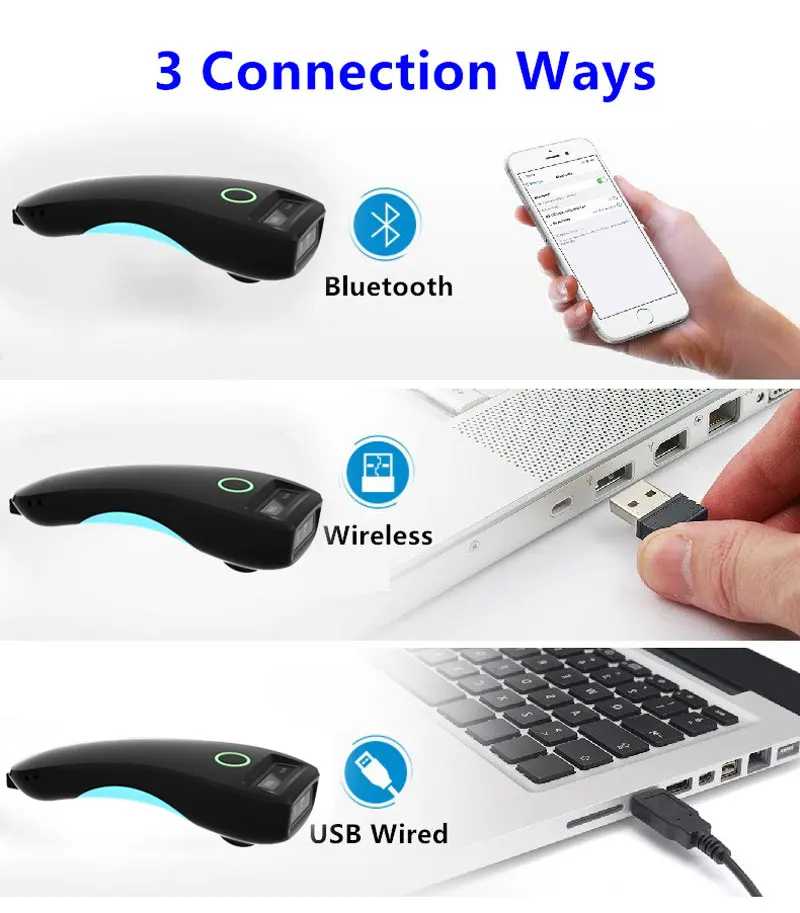 HBAPOS Portable Bluetooth 2D QR Image PDF417 Screen Scanning Reader Wireless 1D CMOS Barcode Scanner Windows/Android/iOS