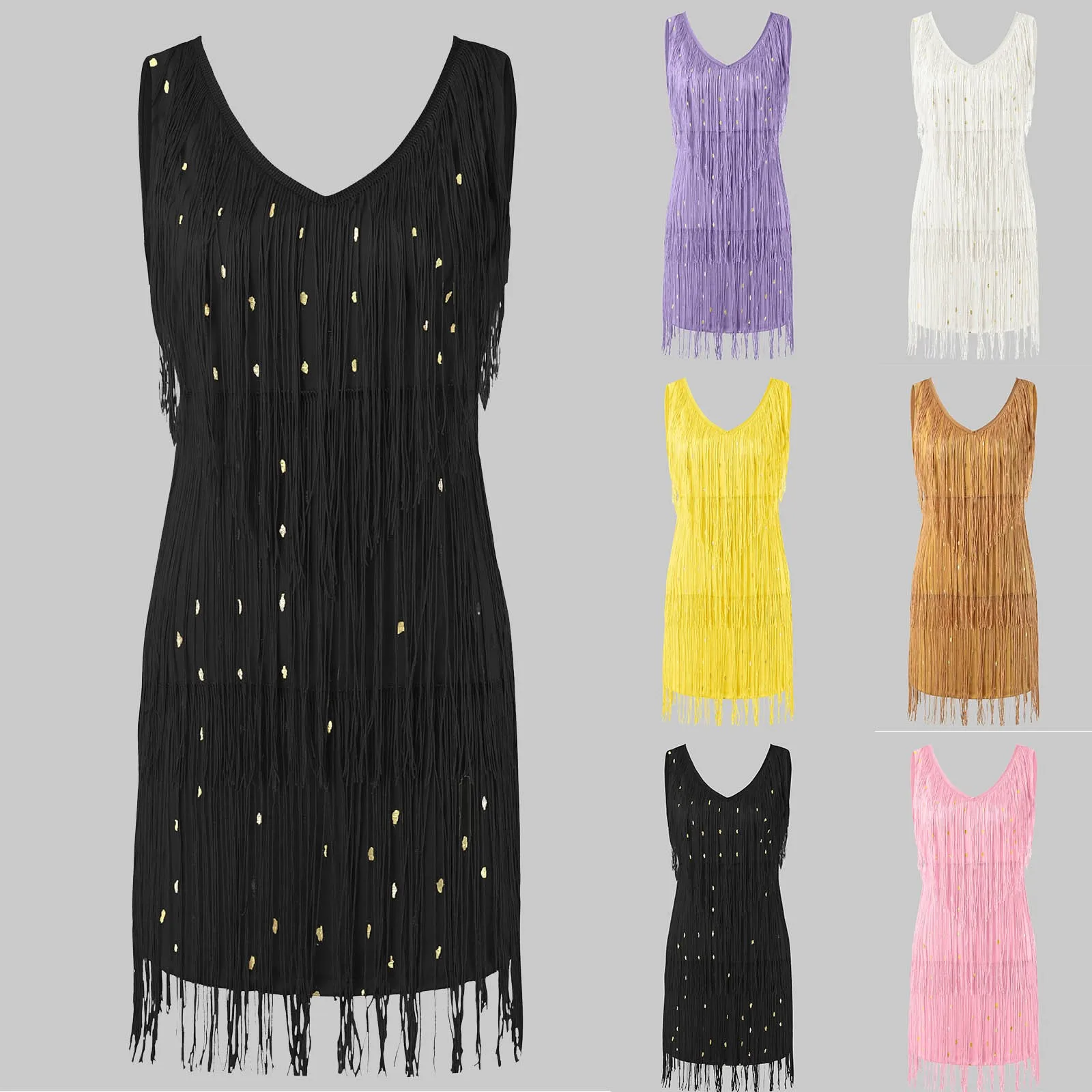 

Womens Tassel Dress Sexy V Neck Fringe Dresses Sleeveless Flapper Mini Dress Sequin Cocktail Flowing Formal Dresses for Women