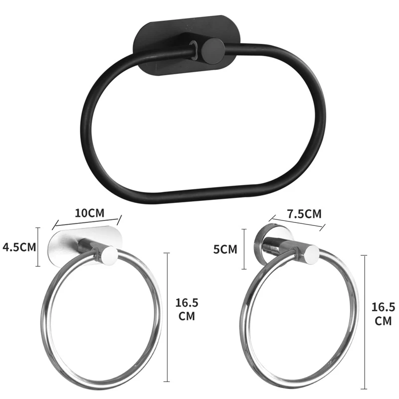 Towel Rack Stainless Steel Towel Holder Self-adhesive Bathroom Towels Rack Black Washhand Hanger Ring Rail Bar Kitchen Storage Accessories
