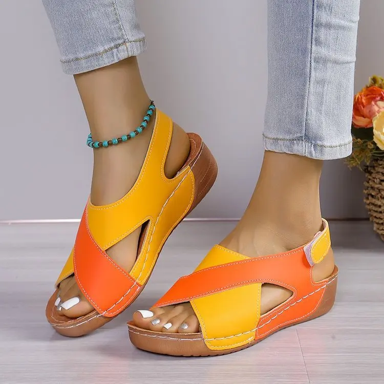 Women Wedge Sandals Contrast Color Peep Toe Slingback Soft Sole Comfy Outdoor Summer