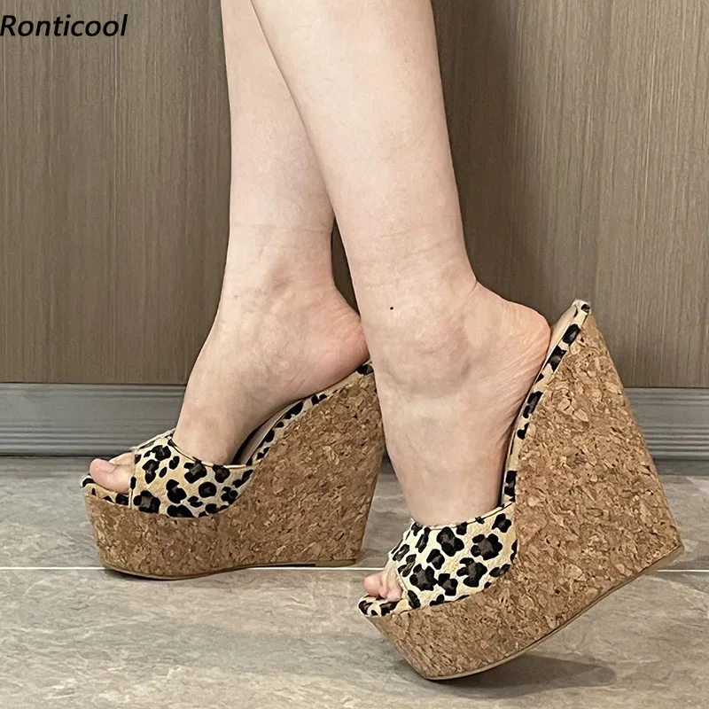 

Ronticool Handmade Women Summer Mules Sandals Sexy Wedges High Heels Peep Toe Pretty Leopard Party Shoes US Plus Size 5-20