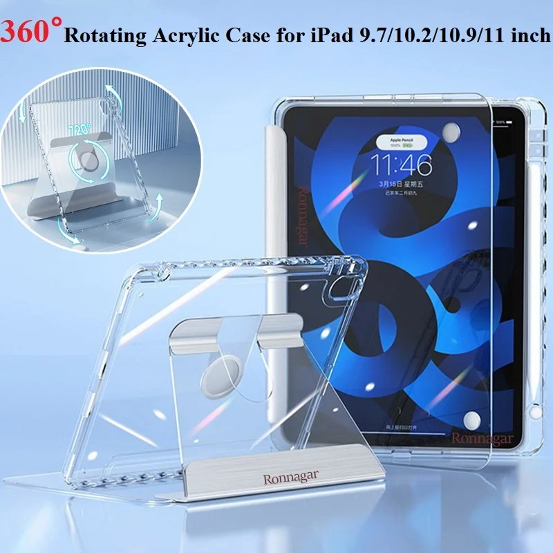 

For iPad Case 10th Gen Pro 11 Pro 12.9 Pen Air 3 Slot Acrylic Case for iPad Air 5 4 10.9 10.2 7th 8th 9th Gen 360° Rotation Case