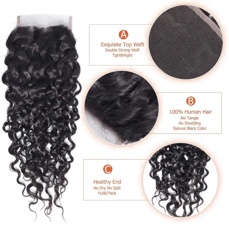 Water Wave Human Hair 4x4 Lace Closure Pre-Plucked Hairline Brazilian Virgin Hair Transparent Lace Closure Soft and Silky