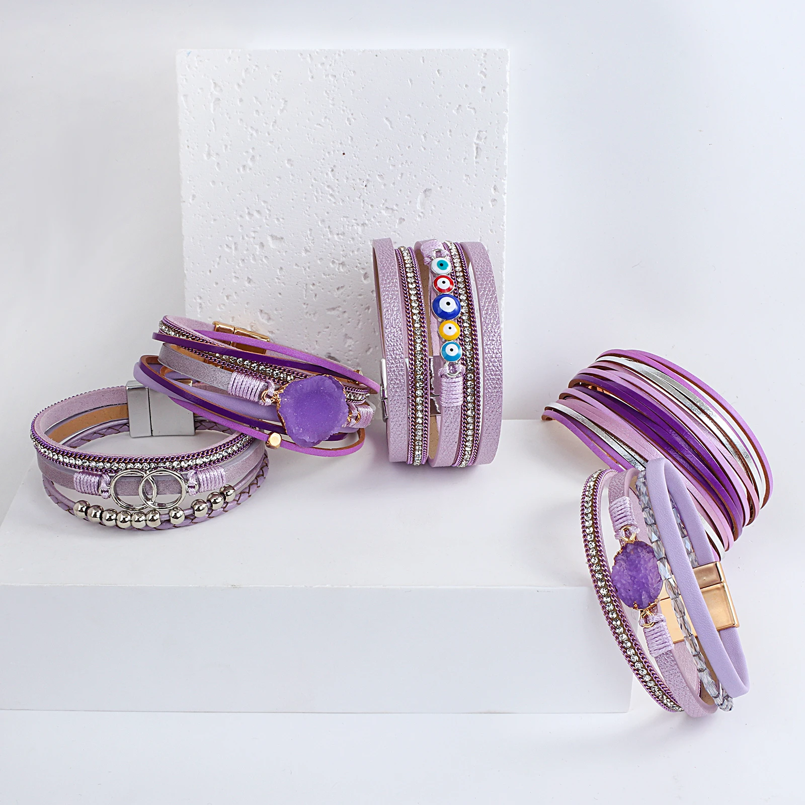 ALLYES-pulsera de cuero púrpura elegante para mujer, brazalete bohemio con cuentas de cristal de resina, brazalete con forma de corazón, regalos de joyería