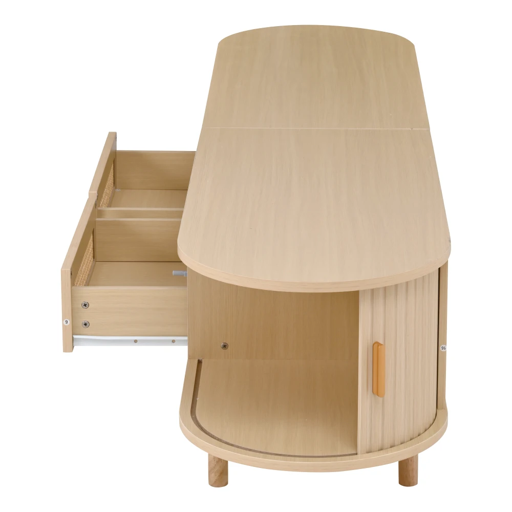 Ovaler TV-Ständer für 70-Zoll-Fernseher – Rattan-Design, Schubladen + Schiebetüren, Lowboard aus MDF-Holz, kratzfester TV-Schrank mit Stauraum – Detail 27