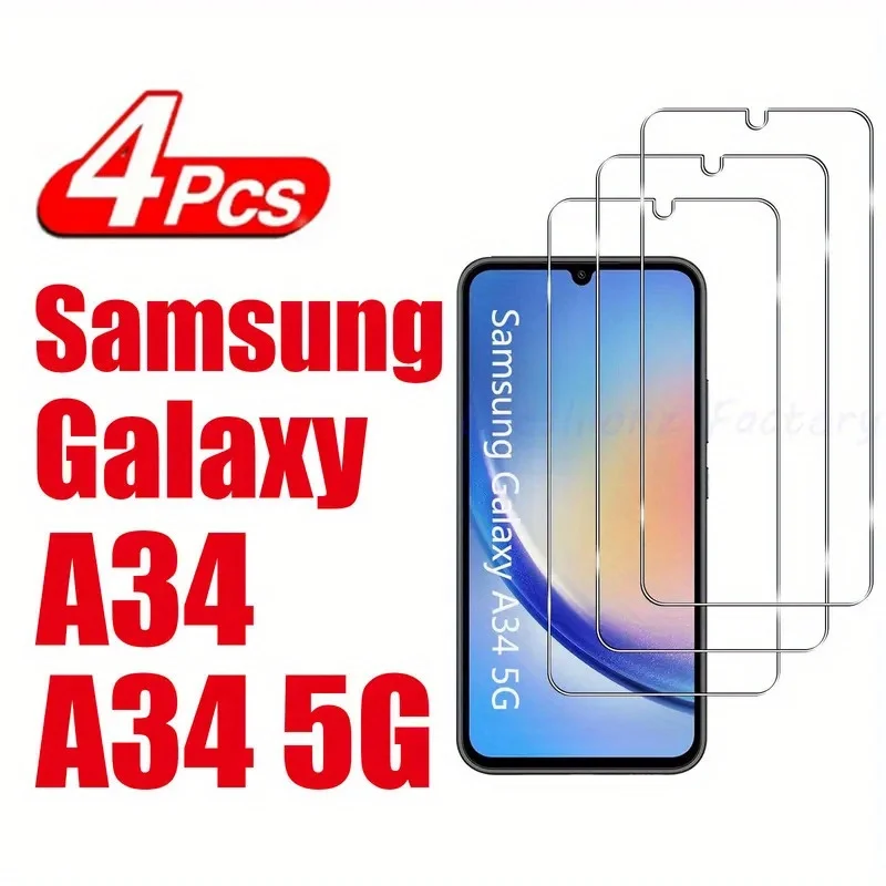 4er-Pack für Samsung Galaxy A34 5G, gehärtetes Glas, Displayschutzfolie, 9H, kratzfest, HD, klar, blasenfrei