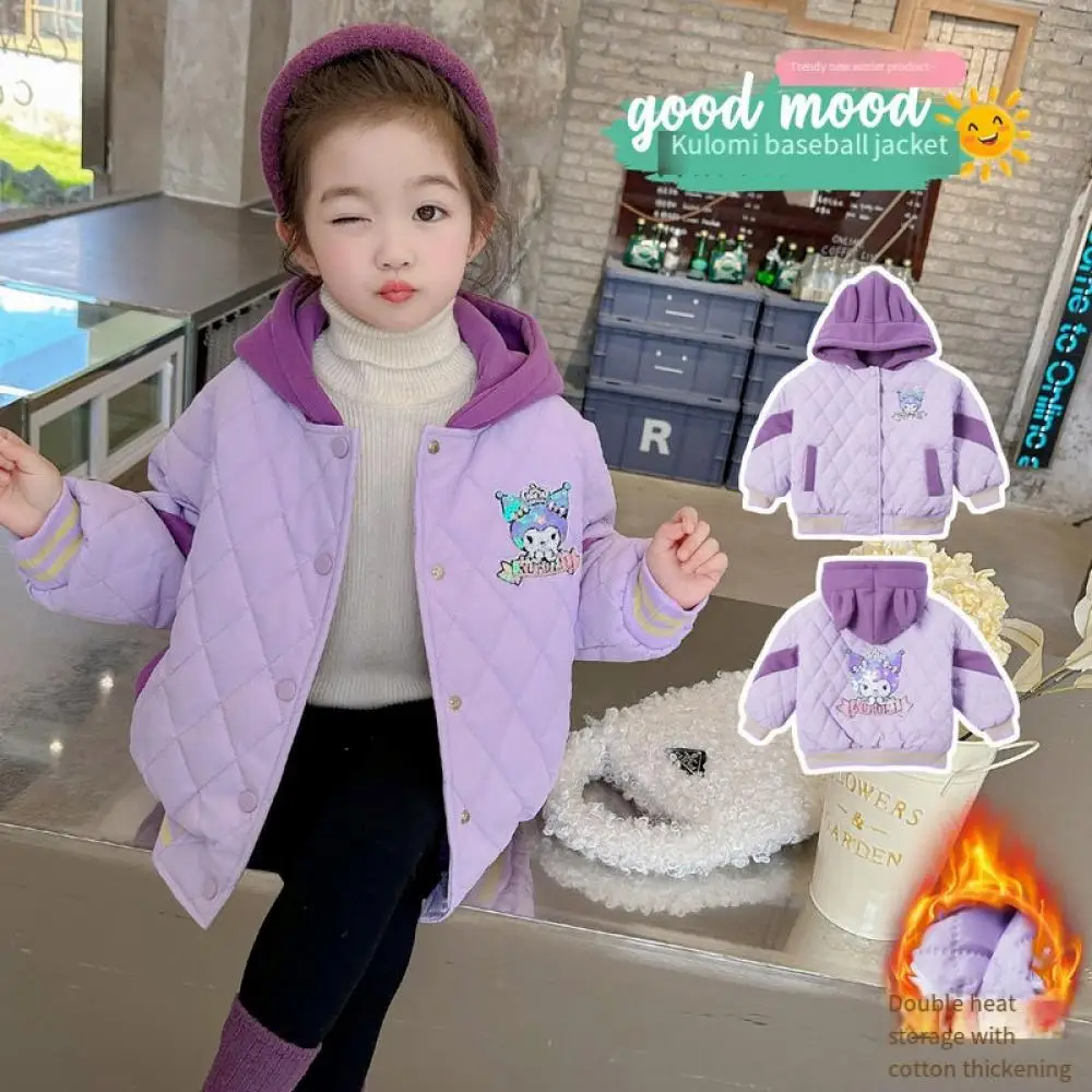 

Sanrio Kuromi Girls Hooded Coat Cartoon Long Sleeve Top Kids Plus Fleece Warm Cotton Jacket Autumn Winter Children's Clothing