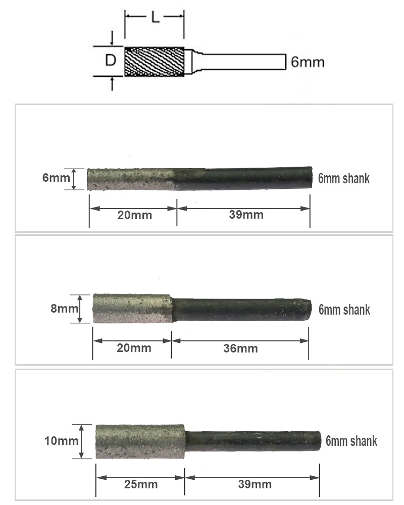 6 Stück Außendurchmesser 6–16 mm, zylindrischer, gesinterter Diamant-Schleifkopf zum Schleifen von Steingravur und Schnitzen – Detail 1