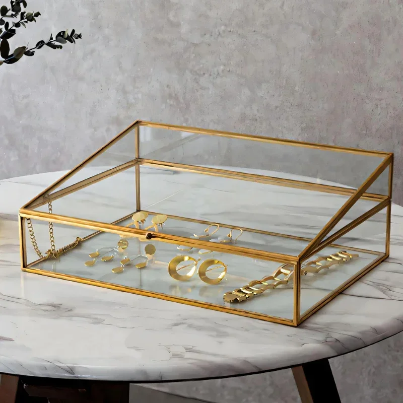 Glass and Brass Jewelry Box, Vintage, Copper-Edged, Transparent Organizer, Storage Case with Lock for Elegant Display 2