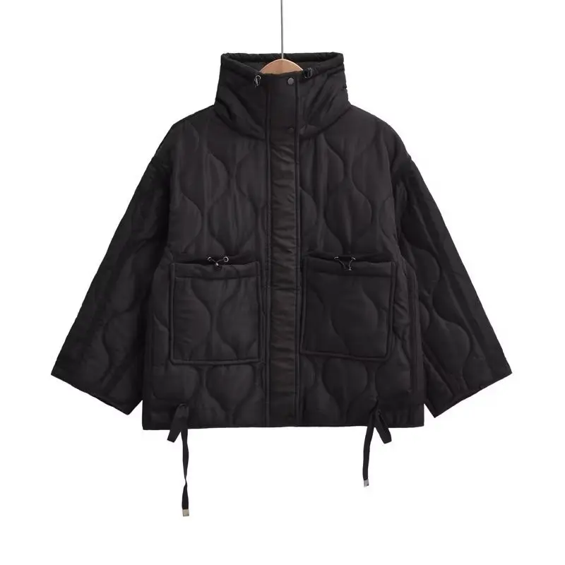 Vintage Stand-Collar Argyle Light Cotton Jacket , 2025 Korean Style Autumn Winter Women's Loose Long-Sleeve Casual Cotton Jacket