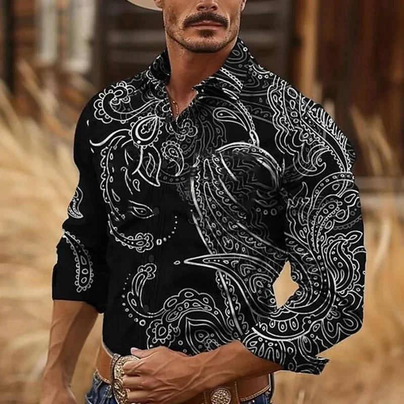 

Men's Retro Western Cowboy style 3D printed Long Sleeve Shirt Outdoor Resort Horse Racing Spring Summer high quality lapel shirt