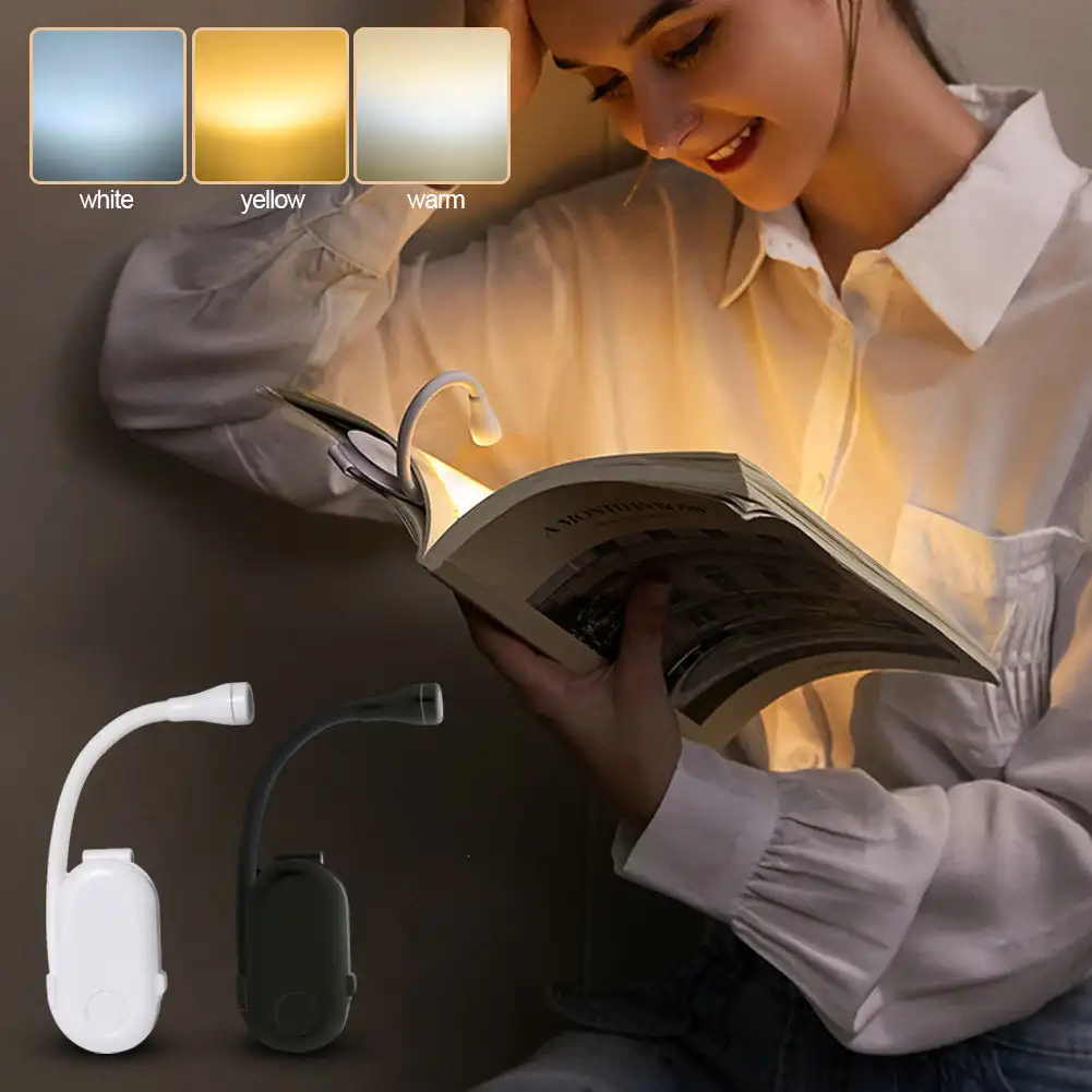 USB recarregável Mini Book Light, 3 temperaturas de cor, Dimmable Reading Light, Clip on Book Lamp, portátil LED Night Light