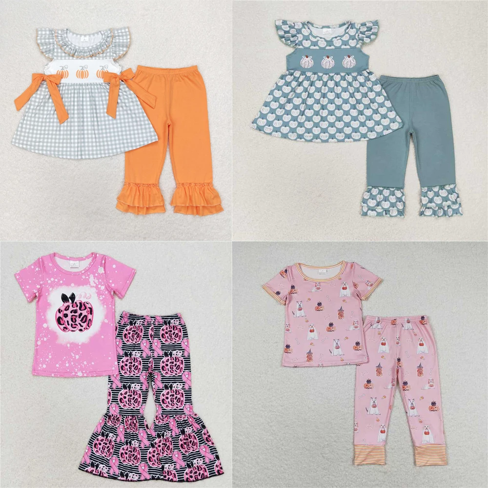 

wholesale Halloween western boutique children's clothing baby girls clothes Pumpkin orange bow green plaid flysleeve pantsuits