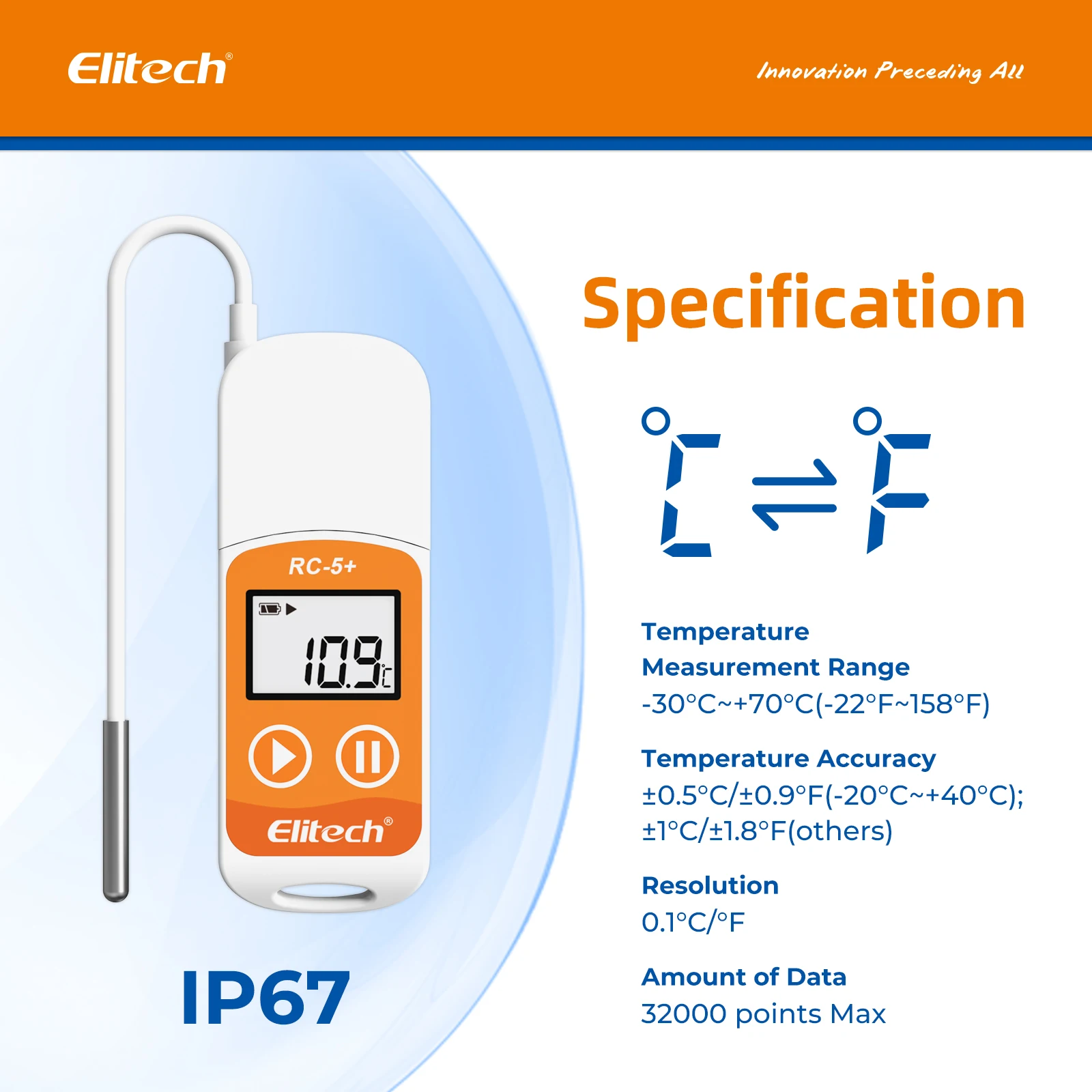 Temperature Data Logger Elitech RC-5+ TE PDF USB Temperature Data Logger Reusable Recorder 32000 Points High Accuracy Extra External Sensor