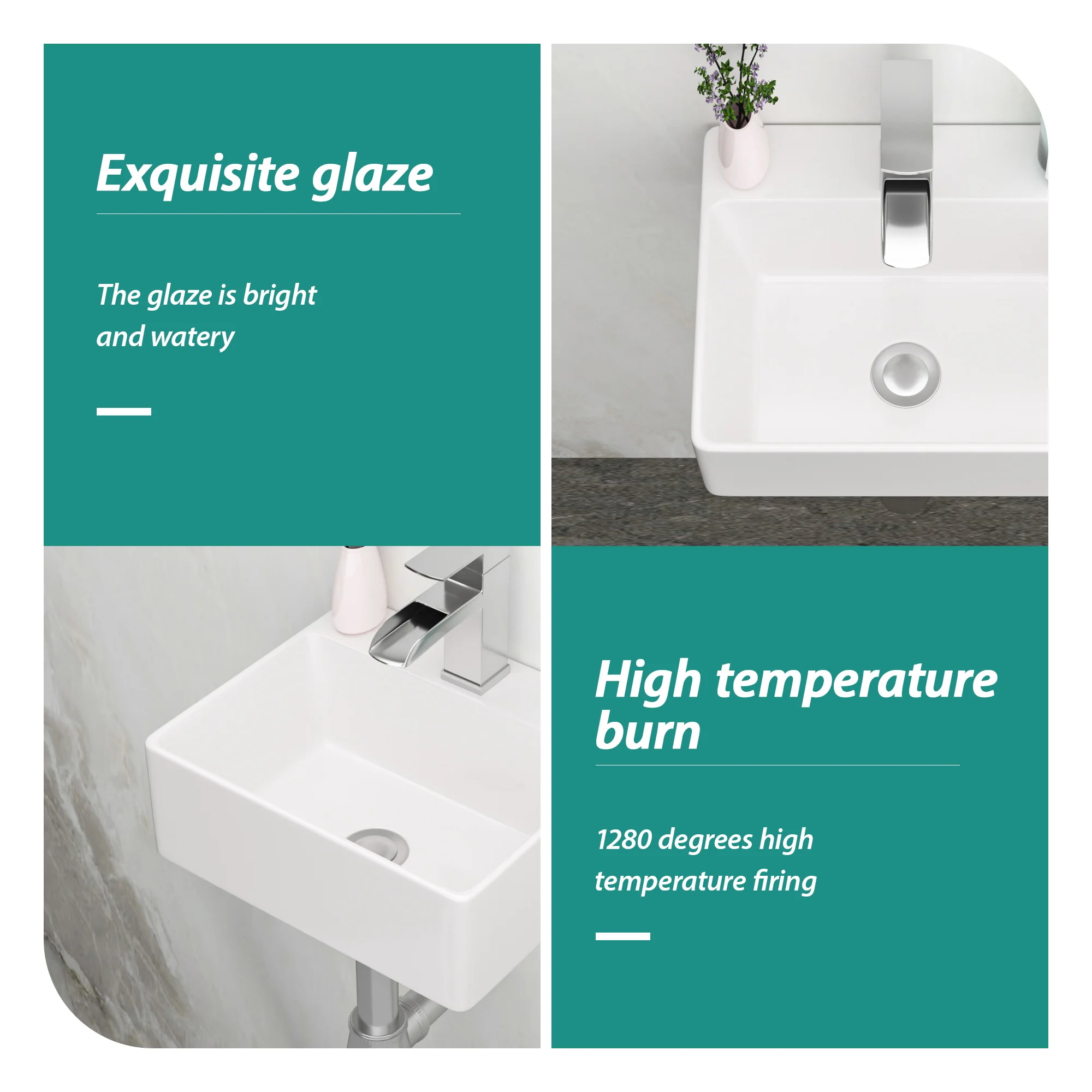13.6x11.6” White Ceramic Rectangular Wall Mount Bathroom Sink with Single Faucet Hole ( Faucet and Sink Undermount Not Included) 6