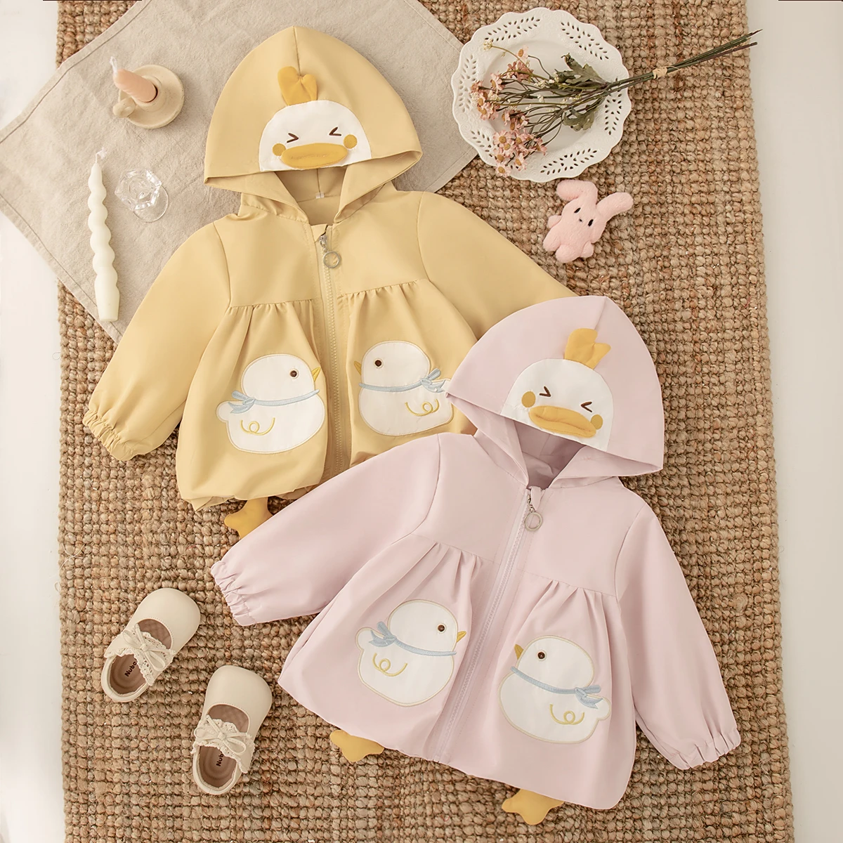 Spring Autumn New Baby Girl Coat Cute Cartoon Duck Design Long Sleeved Hooded Zipper Jacket Girls Windproof Outerwear