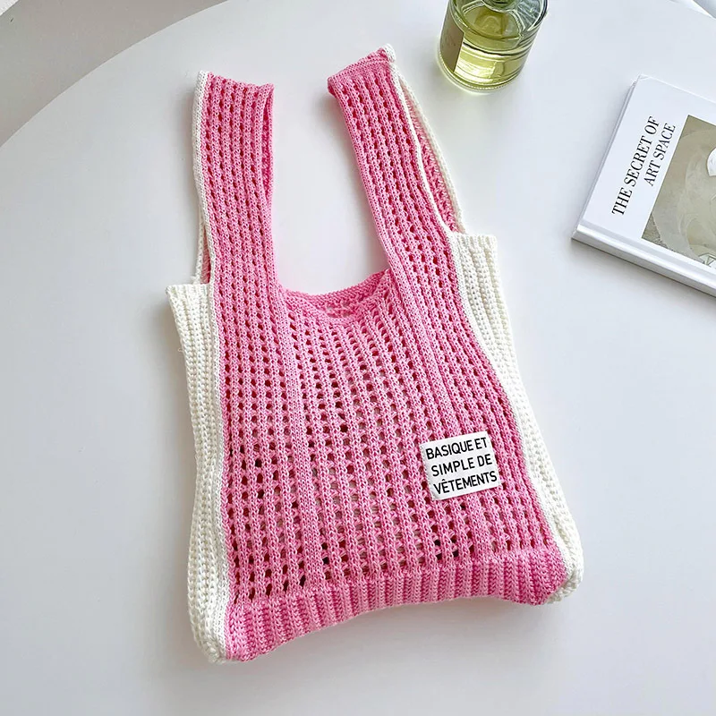 Mix Contrast Color Women's Knit 2023 New Trend Bag Cute Korean Style Y2K Summer Soft Hollow Out Handbag Wholesale Free Shipping
