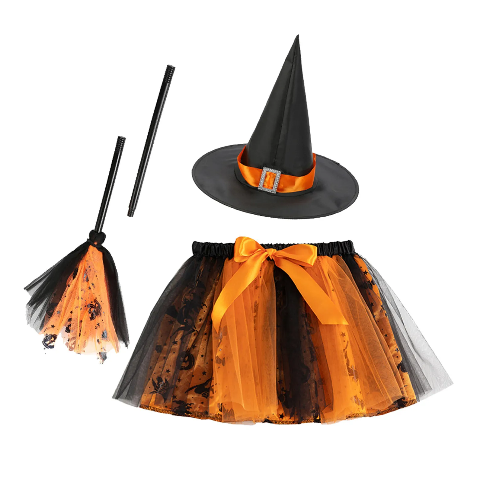 KidsGirlsHalloweenWitchCostumeSetGirlsTutuSkirtWithHatBroom