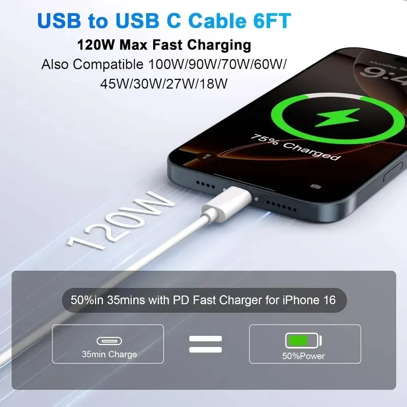 รูปสินค้า สายชาร์จ USB-C 120W ชาร์จเร็ว ทนทาน ใช้ได้กับหลายแบรนด์