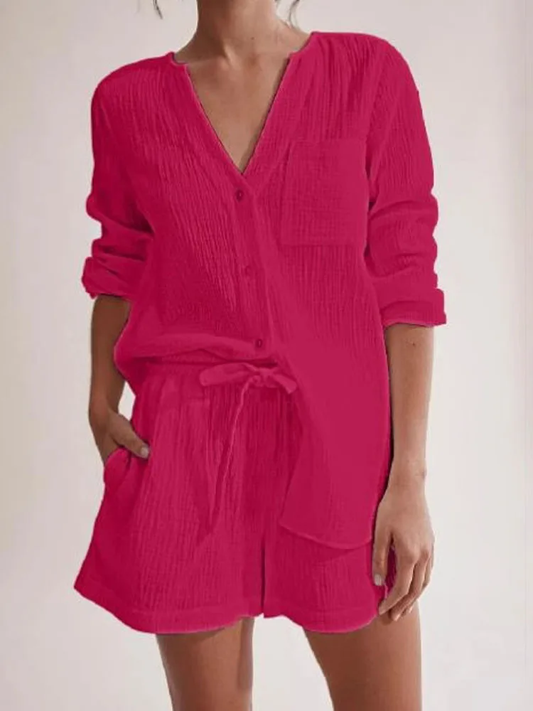 Women Loungewear Sets V Neck Loose Blouse Shirt High Elastic Drawstring Shorts