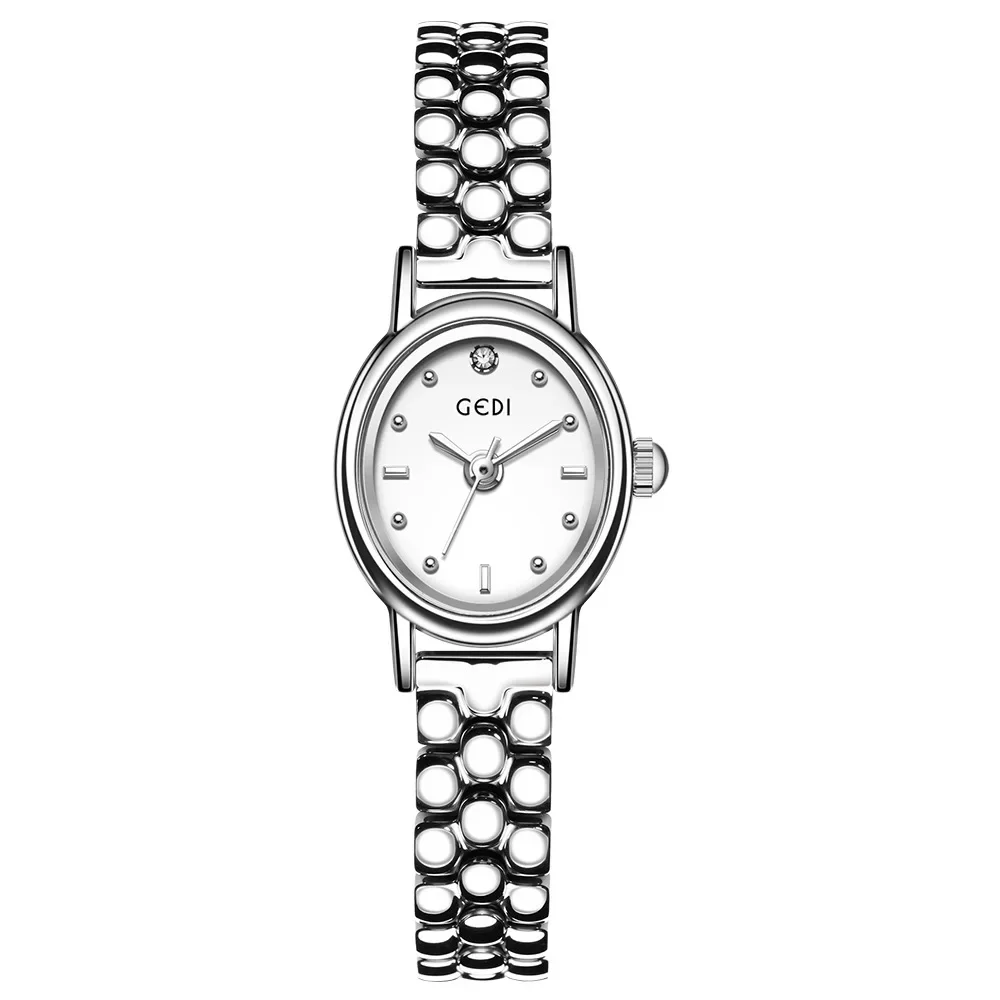 Women's Small Wrist Quartz Watch - Silver, Grey, and Gold Oval Design with Stainless Steel Band