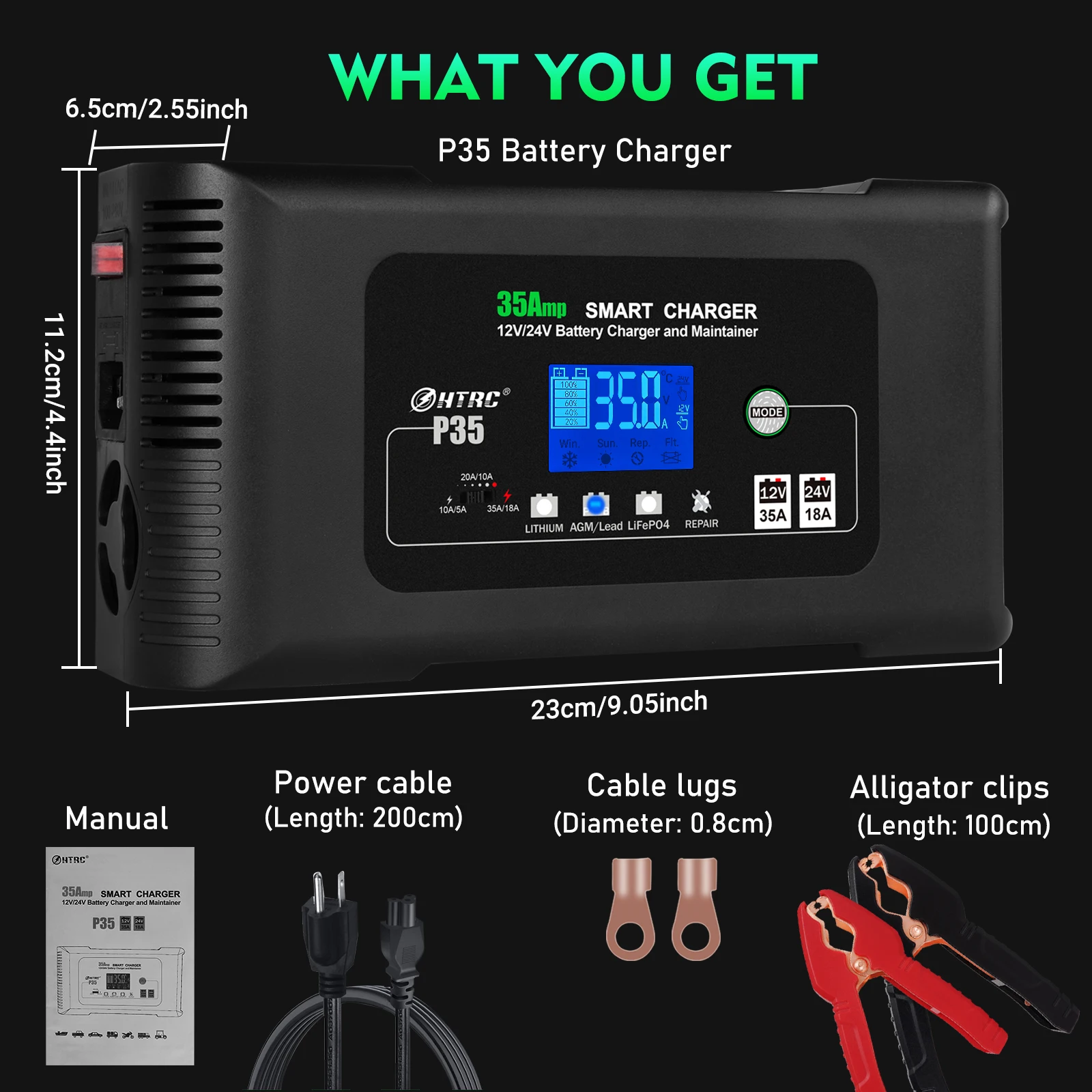 35A 12V-24V Battery Charger LCD Display for ATV Truck Lithium/LiFePO4/Lead-Acid/