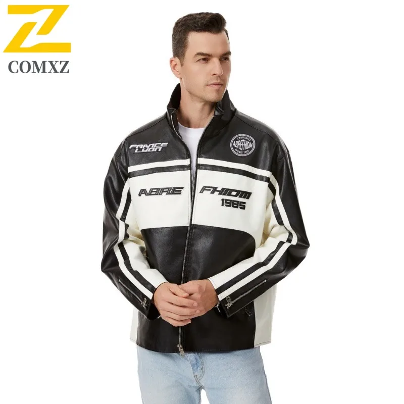 Men's Vintage Biker Jacket Stand Collar Loose Fit PU Leather Coat Water-Resistant Windproof Streetwear Motorcycle Outerwear 2025