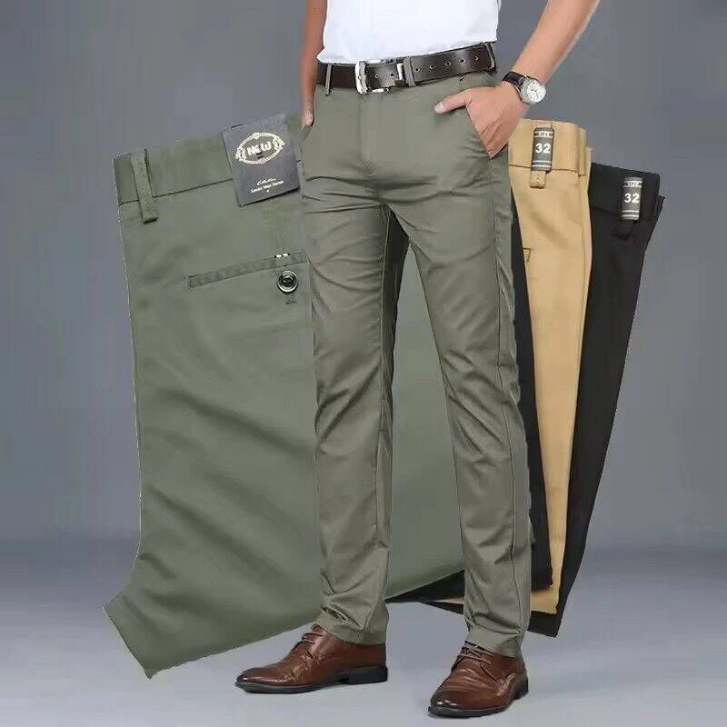 Summer Thin Men's Slim Suit Pants Fashion Business Casual Cotton Green Black Khaki Trousers Male Brand Clothing 30-40