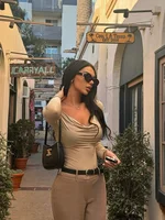 Women's Low Cut Collar Slim Fit Sexy Long Sleeved Spicy Girl Streetwear Top 2024 Spring  Autumn Nightclub Women's T-shirt