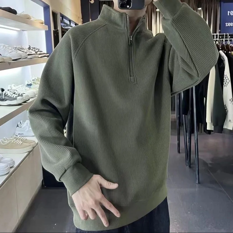 Autumn Winter New Solid Color Fashion Long Sleeve Sweatshirts Man High Street Casual Loose Zipper Thicken Warm Y2K Pullovers