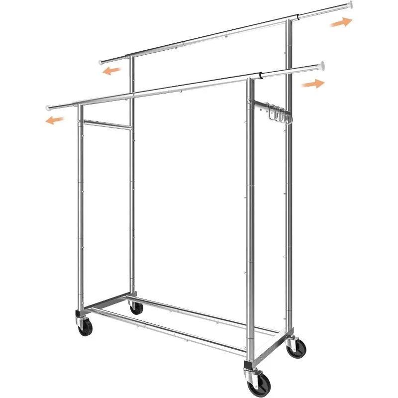 Double Rod Clothing Garment Rack, Rolling Clothes Organizer on Wheels for Hanging Clothes,with 4 hooks