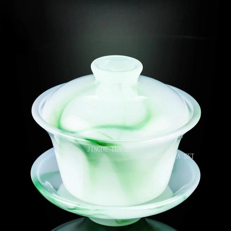 160ml Ink Wash Glazed Three Piece Lid Bowl Thick Jade Green Tea Infuser Household Chinese Drinking Utensils Tea Tasting Cup