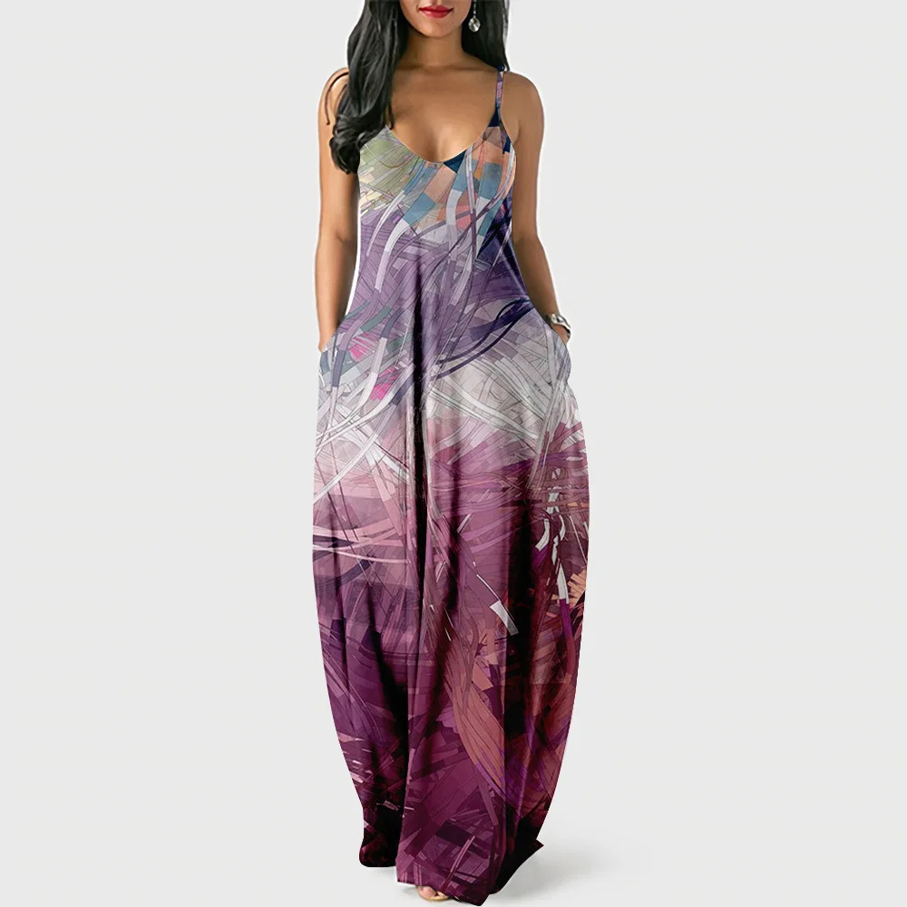 

Popular Youthful Beautiful Summer Women Dresses nebula 3D Print Sexy loose Slip Pocket Dress Party Dress Long Robe